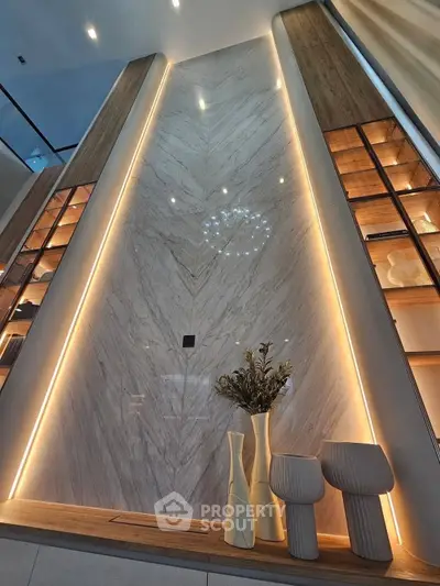Luxurious modern interior with elegant marble wall and ambient lighting