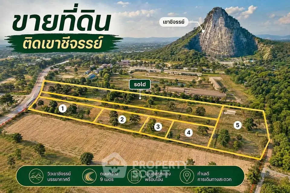 Prime land for sale near scenic mountain with clear plot divisions and road access.