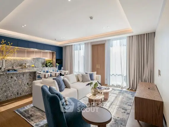 Luxurious modern living room with open kitchen and elegant decor
