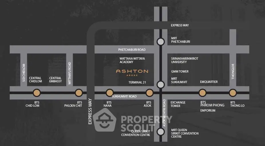 Map showing Ashton Asoke location near key Bangkok landmarks and transit stations.