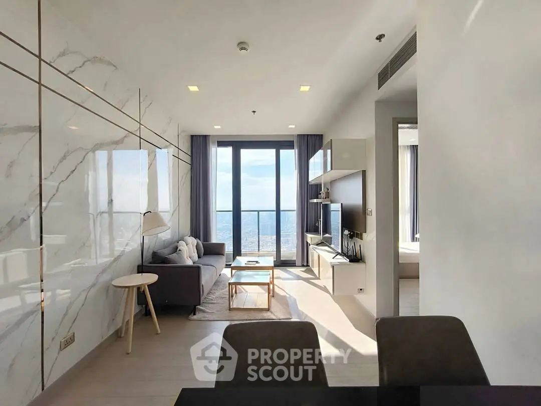 Modern living room with stunning city view and elegant decor