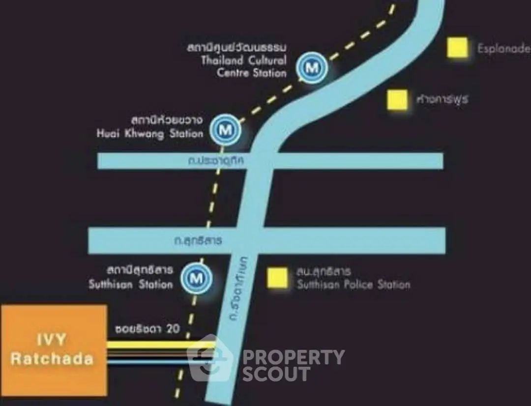 Map showing Ivy Ratchada location near MRT stations and landmarks.