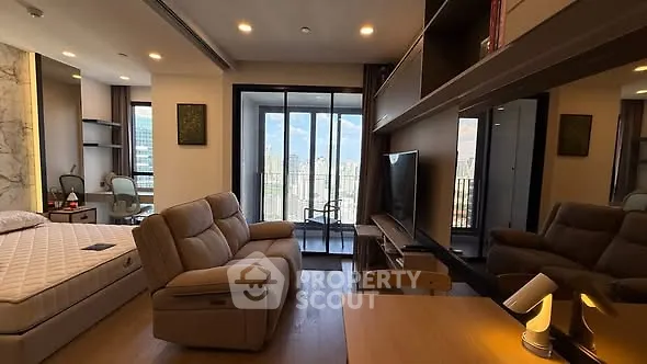 Luxurious modern living room with city view and elegant furnishings