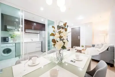 Modern open-plan living and kitchen area with stylish decor and appliances