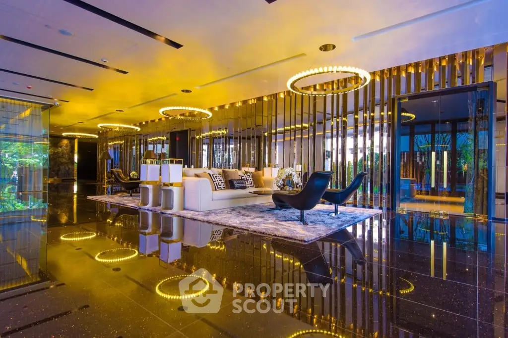 Luxurious modern living room with elegant lighting and glossy floors