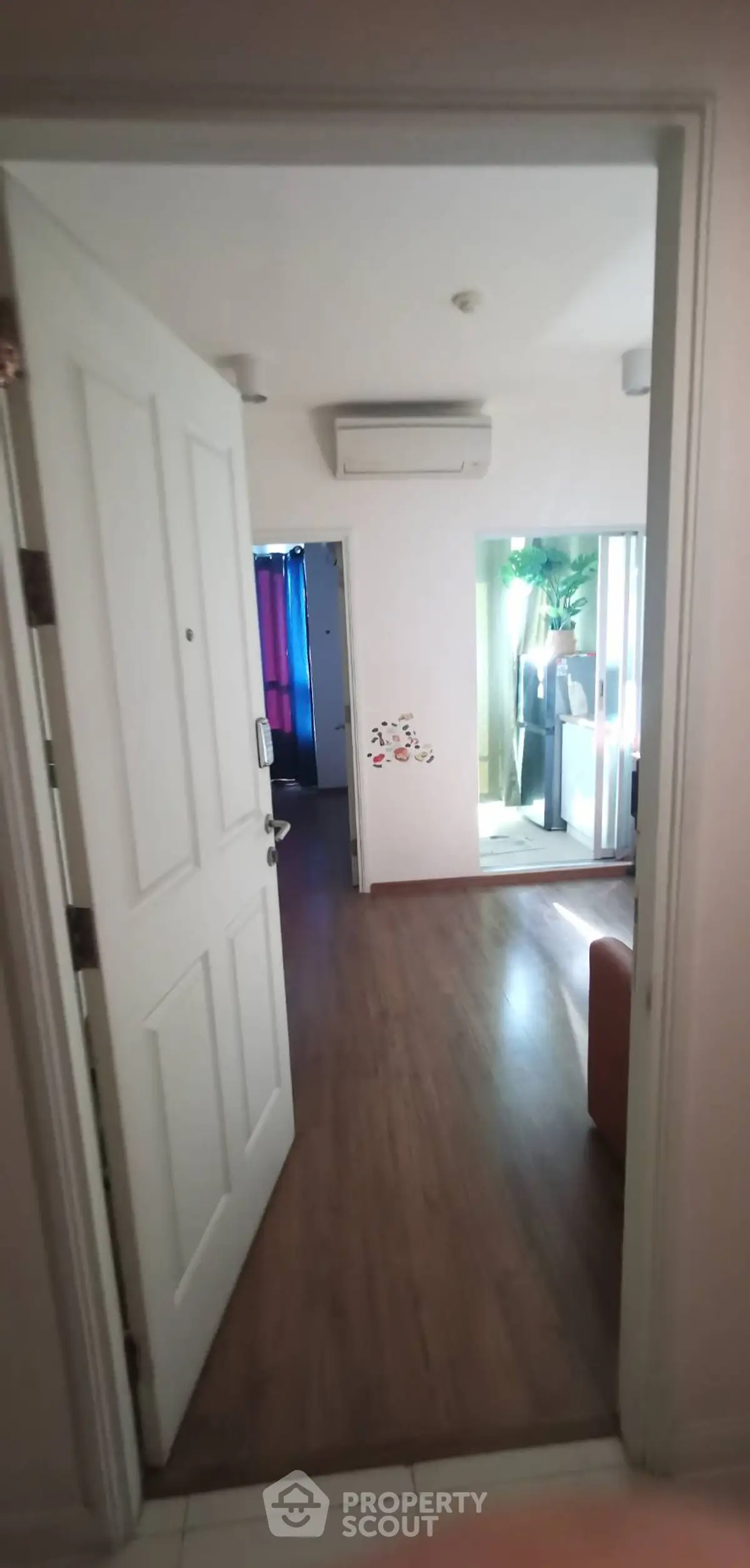 Inviting apartment entrance with open door leading to a cozy living space