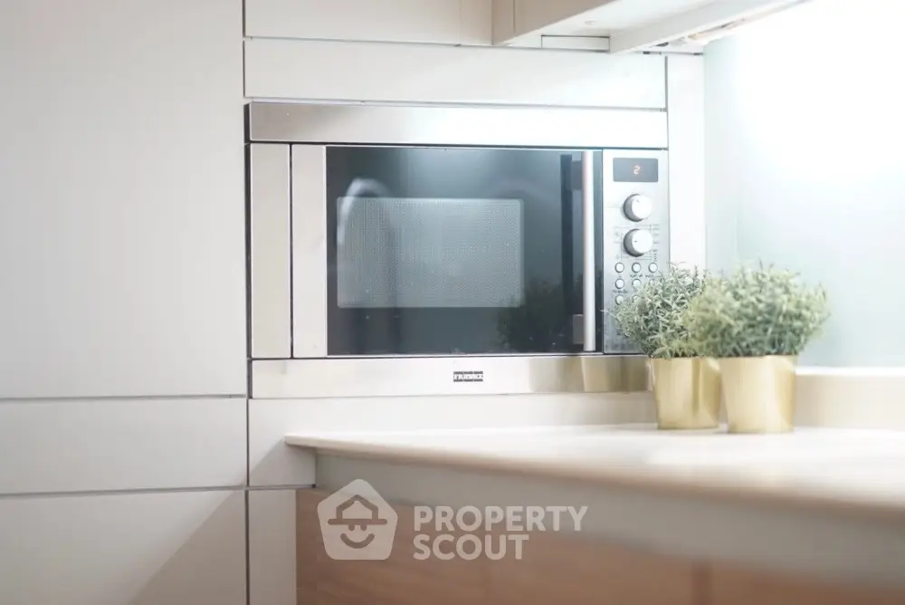 Modern kitchen with built-in microwave and stylish decor