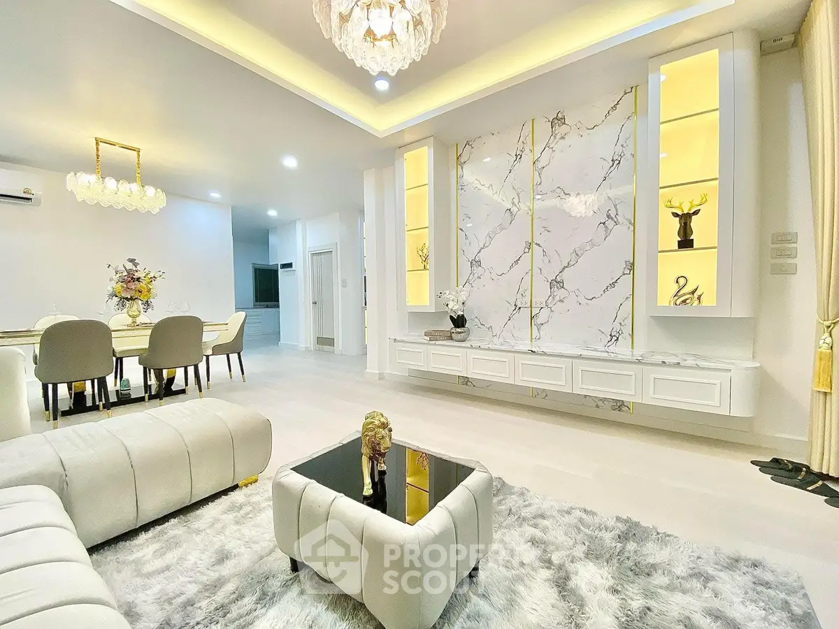 Luxurious modern living room with elegant decor and marble accents