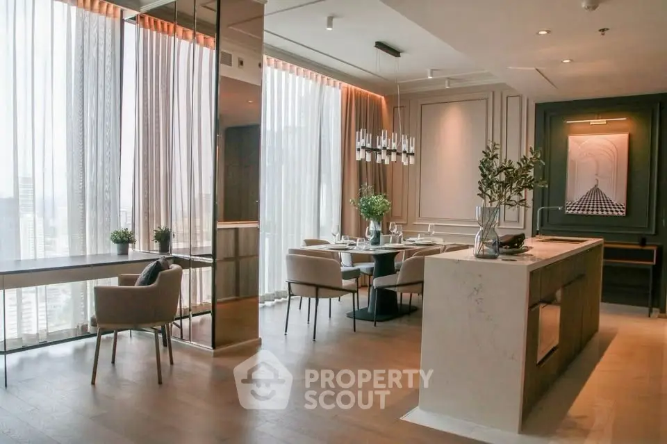 Luxurious modern dining area with elegant decor and large windows offering city views.