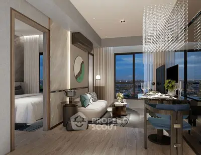 Luxurious modern living room with elegant decor and stunning city view.