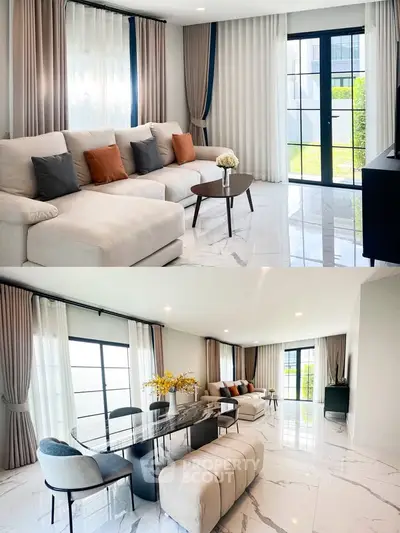 Luxurious modern living room with elegant decor and spacious dining area, featuring large windows and stylish furnishings.