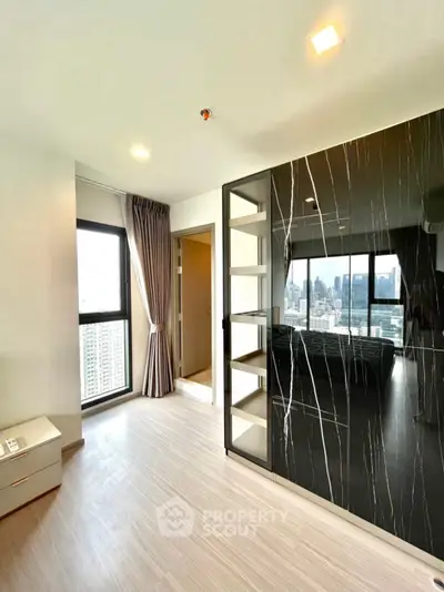 Modern apartment interior with city view and stylish decor