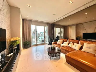 Luxurious living room with leather sofa and city view balcony, perfect for modern urban living.