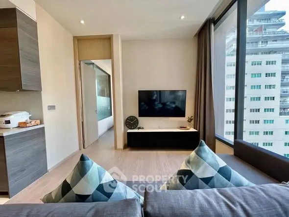 Modern living room with stylish decor and city view