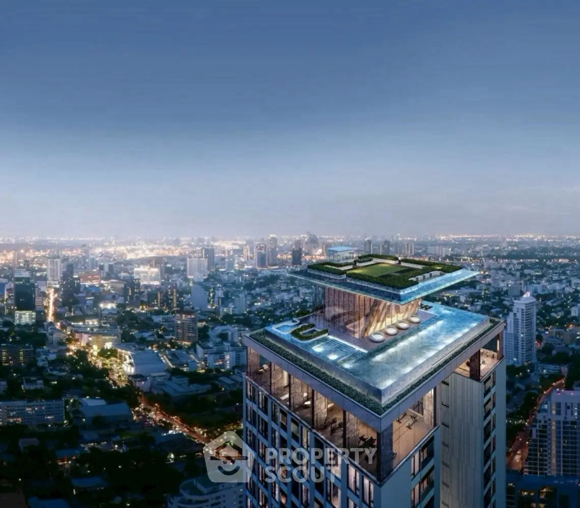 Stunning rooftop pool with panoramic city views in a modern high-rise building.