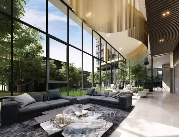 Luxurious modern living room with floor-to-ceiling windows and elegant decor