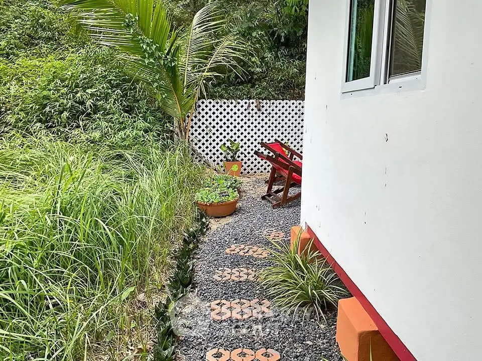 Charming garden path beside a modern home with lush greenery and cozy seating area.