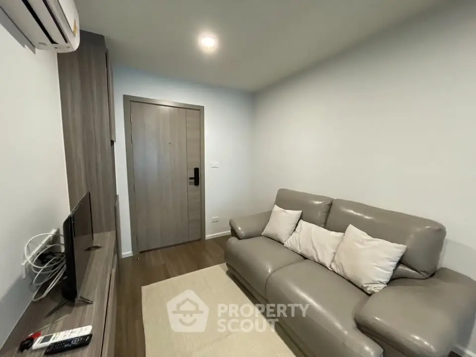 Cozy living room with modern sofa and TV, perfect for relaxation.