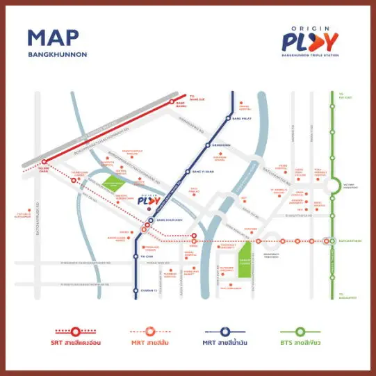 Map of Bangkhunnon area highlighting MRT and BTS lines for real estate navigation.