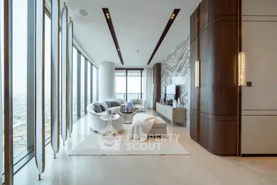 Luxurious modern living room with panoramic city views and elegant decor