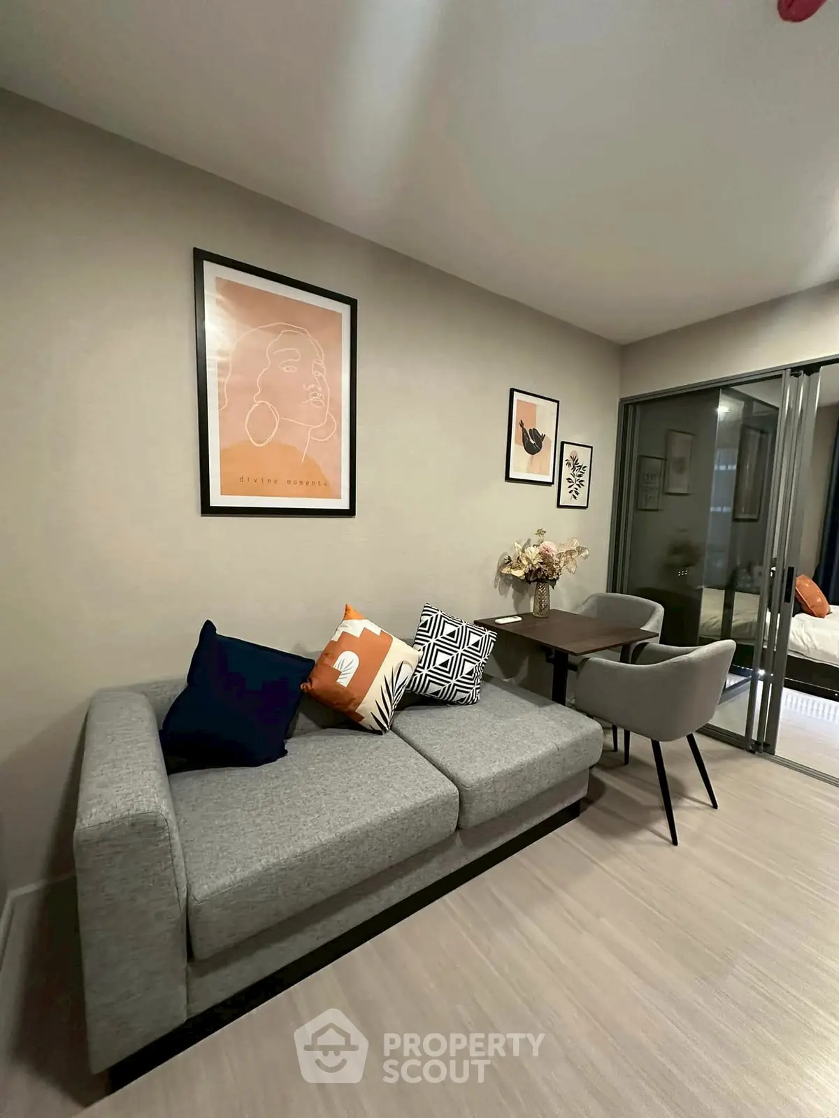 Modern living room with stylish decor and cozy seating area