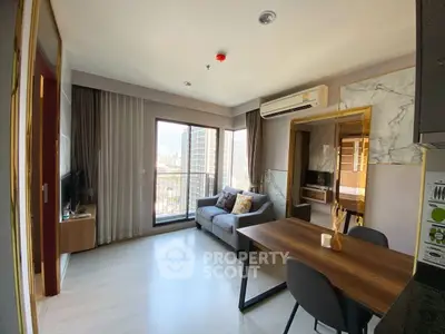 Modern living room with balcony and city view in stylish apartment