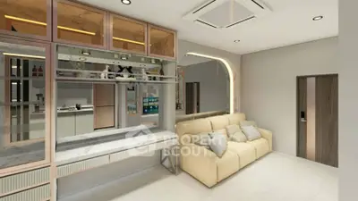 Modern living room with stylish decor and cozy beige sofa