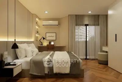 Modern bedroom with elegant decor and natural light, featuring a cozy workspace.