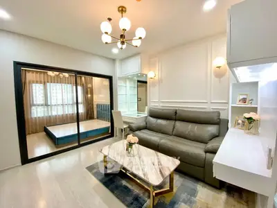 Modern living room with elegant decor and cozy seating area