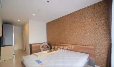 Modern bedroom with stylish wallpaper and cozy ambiance