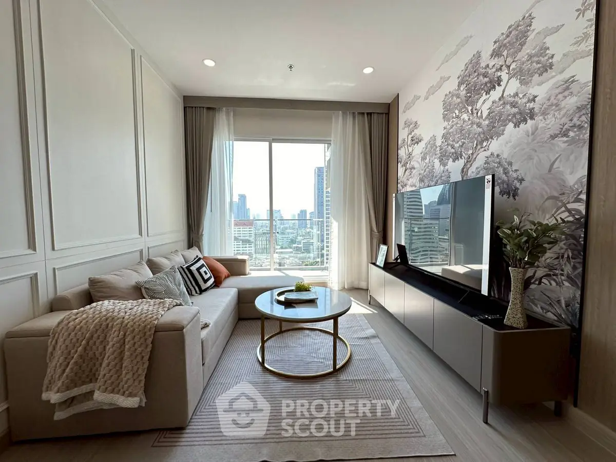Stylish living room with city view, modern decor, and cozy seating area.