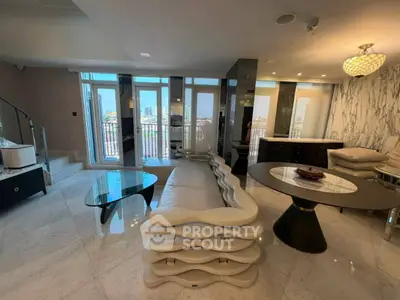 Luxurious modern living room with unique furniture and stunning city view