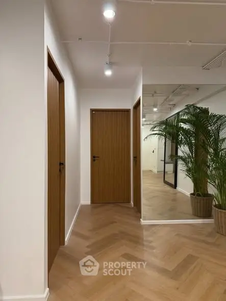 Modern hallway with wooden doors and stylish flooring in a contemporary building.