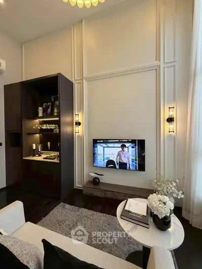 Luxurious living room with elegant decor and built-in shelving, perfect for modern living.