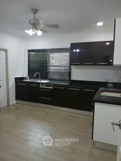 Modern kitchen with sleek black cabinets and wooden flooring, featuring a ceiling fan and ample natural light.