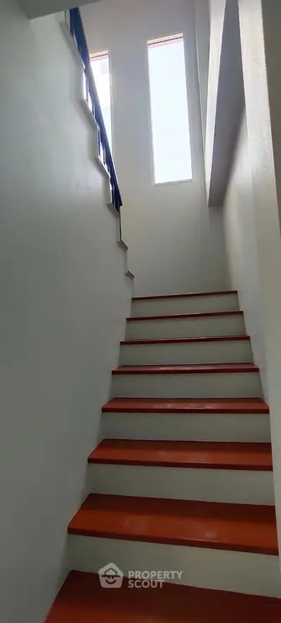 Modern staircase with natural light from tall windows, featuring sleek design and vibrant steps.