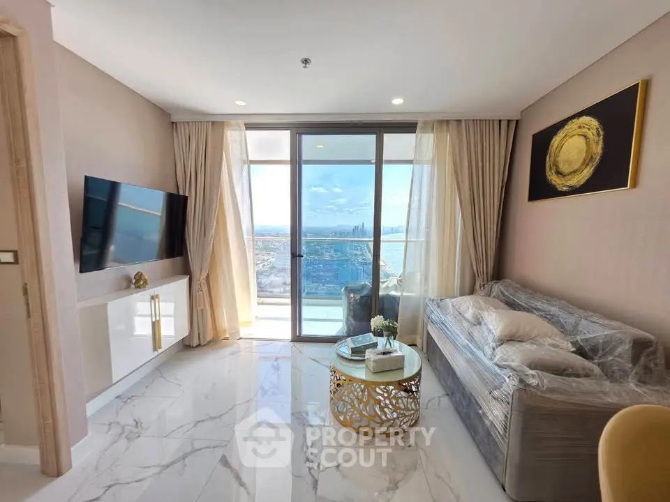 Luxurious living room with stunning city view and elegant decor