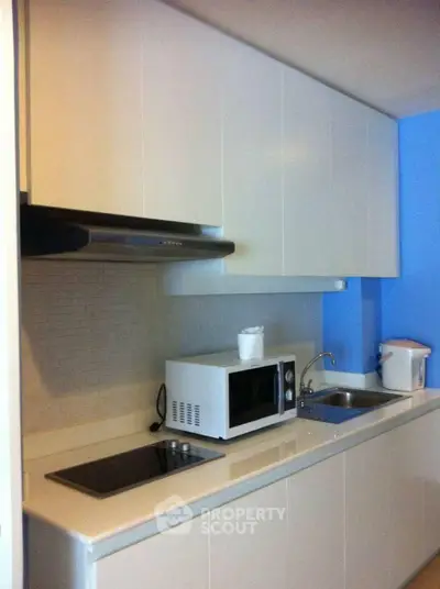 Modern kitchen with sleek white cabinets and built-in appliances, perfect for contemporary living.