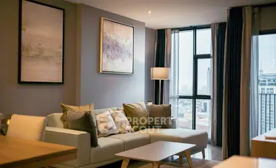 Modern living room with stylish decor and city view