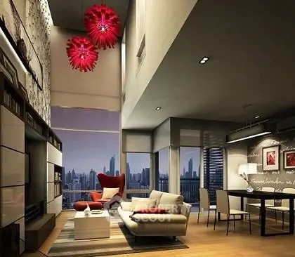 Luxurious modern living room with city view and stylish red accents