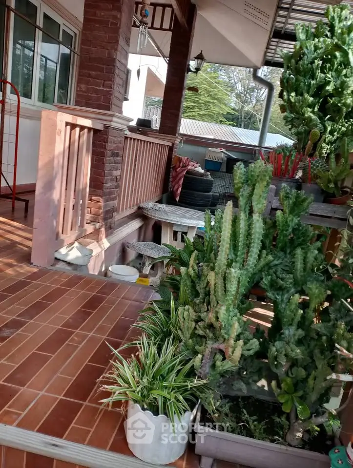 Charming garden patio with lush greenery and cozy seating area, perfect for relaxation.