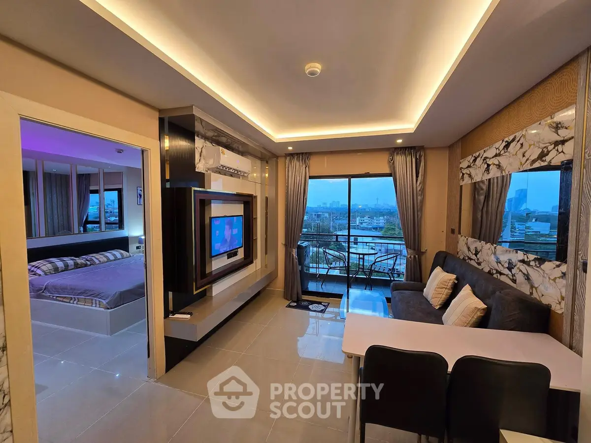 Modern living room with city view and stylish interior design