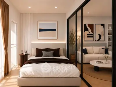 Modern bedroom with elegant decor and adjoining living room in luxury apartment.