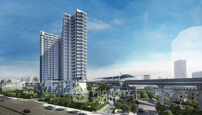 Modern high-rise residential building with urban transit access and city skyline view.