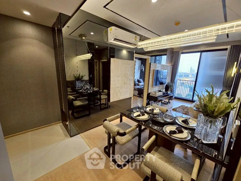Elegant dining area with modern decor and city view, perfect for urban living.