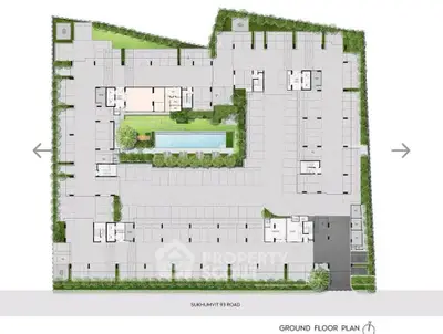 Ground floor plan of modern residential building with pool and green spaces.
