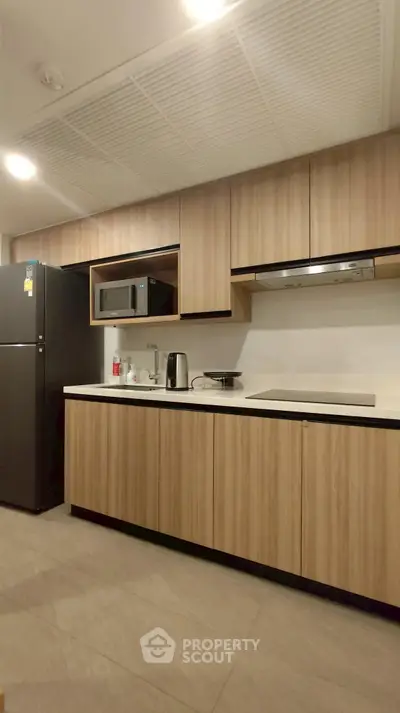 Modern kitchen with sleek wooden cabinets and built-in appliances