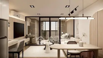 Modern open-plan living room with stylish decor and natural light