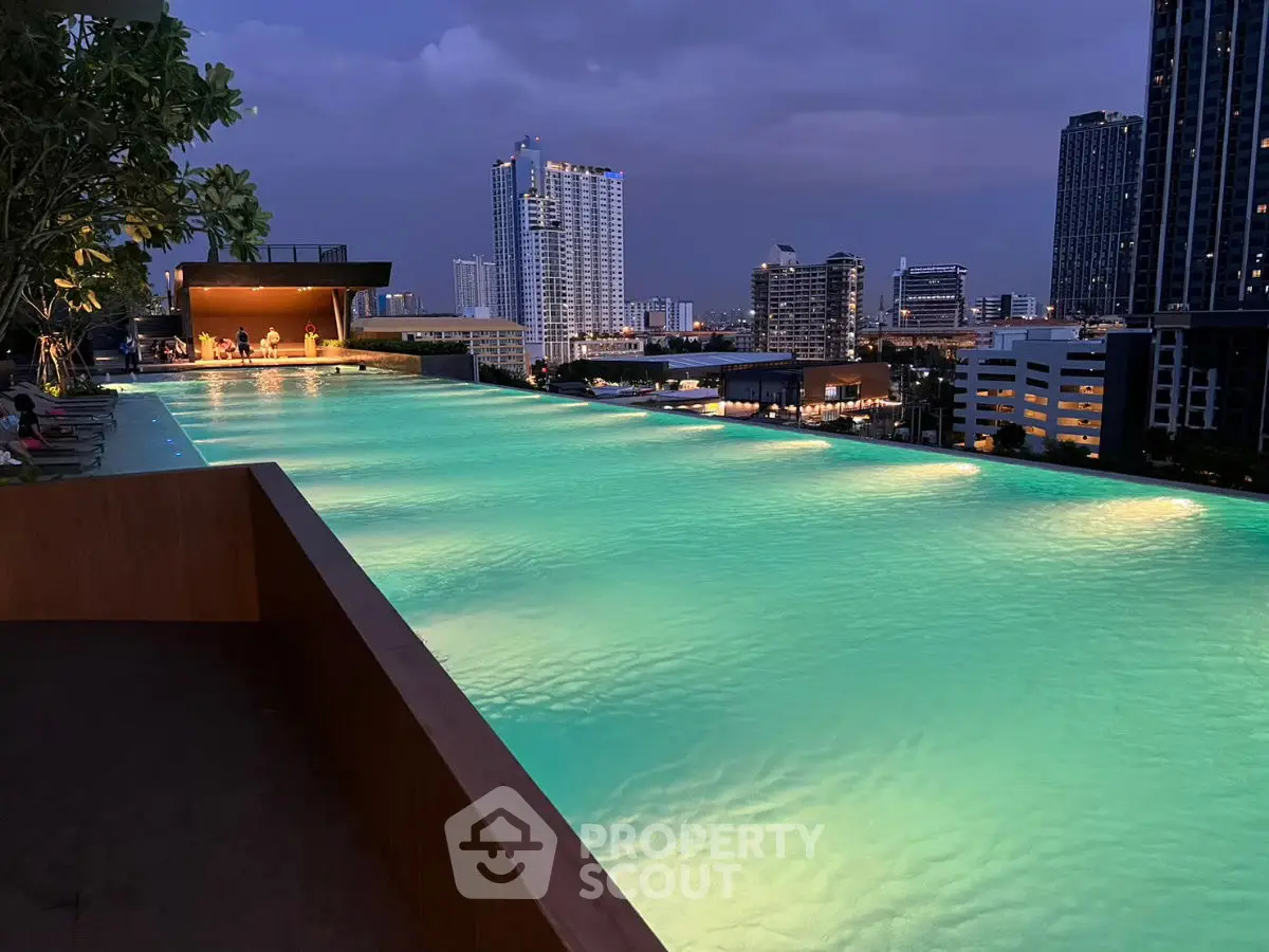 Luxurious rooftop infinity pool with stunning city skyline views at dusk.