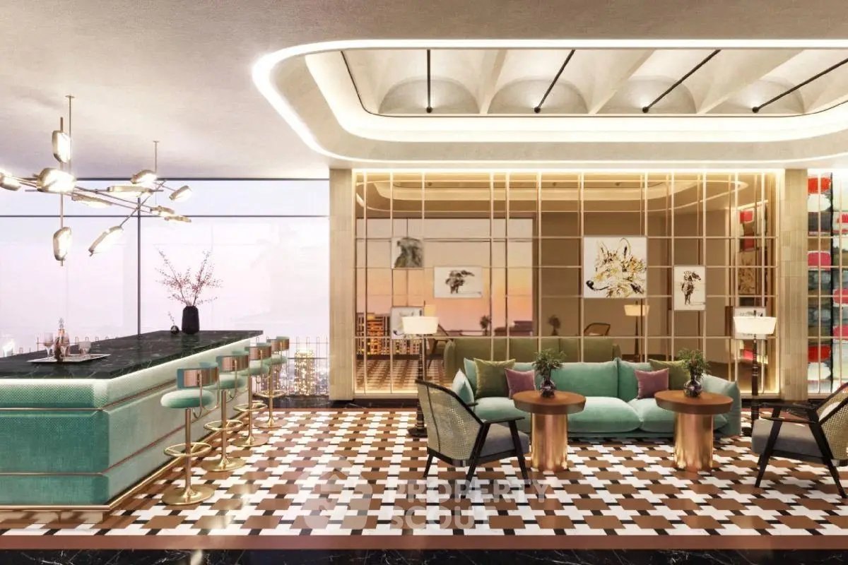 Luxurious modern living room with stylish bar and panoramic city view